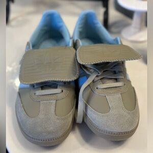 Adidas Humanrace Sambas in olive and baby blue